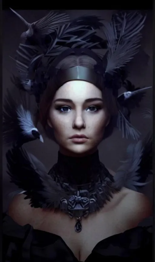 Prompt: Centered portrait of a beautiful, young, princess. The princess has pale, blonde flowing hair. She is wearing a crown of black feathers. There are 3D photorealistic crows happily flying around her. 3D physically realistic rendering. 