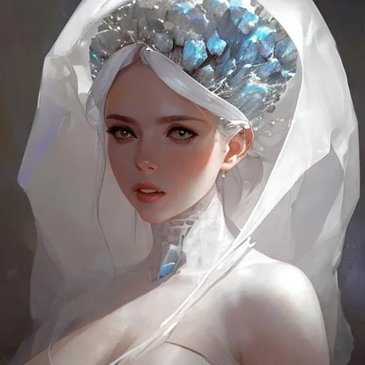 Prompt: queen in white crystal geode, sheer white cloth falling down around her, by artgerm, alessio albi, fabian perez, pino daeni, karol bak, cushart, wlop, craig mullins, peter mohrbacher, daniel f gerhartz, malcolm liepke