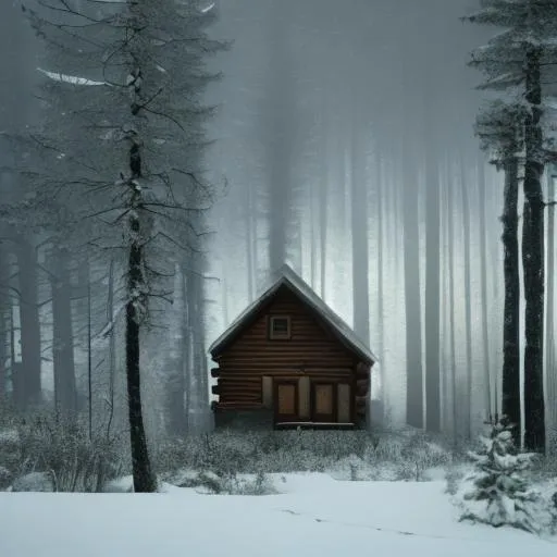 Prompt: A cabin in the midst of a dark forest with a faint light coming from the window