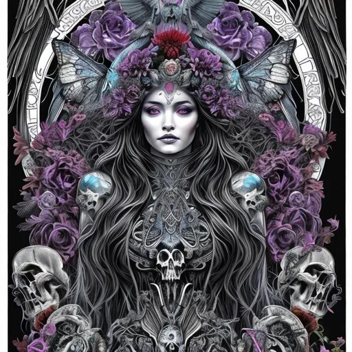 Prompt: ultra realistic coloring page goddess of death with raven face sitting on throne made out of skulls, surrounded by dark blue and red butterfly's in art nouveau plus digital art style

