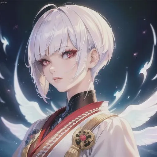 Prompt: (masterpiece, illustration, best quality:1.2), pixie cut hairstyle, white hair, angelic like red eyes, wearing samurai armour, best quality face, best quality, best quality skin, best quality eyes, best quality lips, ultra-detailed eyes, ultra-detailed hair, ultra-detailed, illustration, colorful, soft glow, 1 girl
