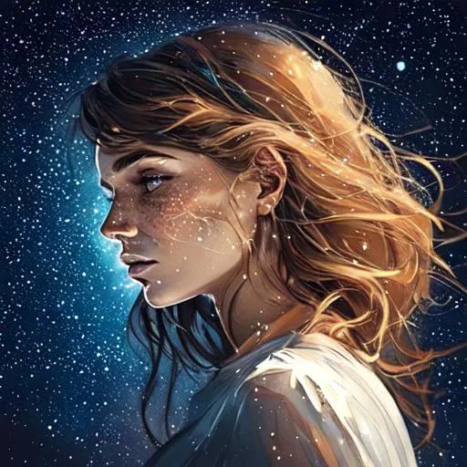 Prompt: A beautiful, magical and powerful caucasian Canadian/Irish/French/ with light freckles woman (a greek goddess of the night sky) with magical flowing brunette hair in the style of constellations and the night sky flowing and fading into stars, starting confidently profile picture
