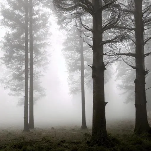 a forest with green thunder and acid rain with foggy... | OpenArt