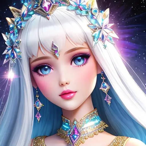 Prompt: White prism, cosmic,etherial, fairy, goddess of light Barbie doll face ,closeup