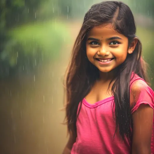 Prompt: Indian girl dancing in rain, joyful, looking in camera, perfect face, brownish hair, professional photography, beautiful face,