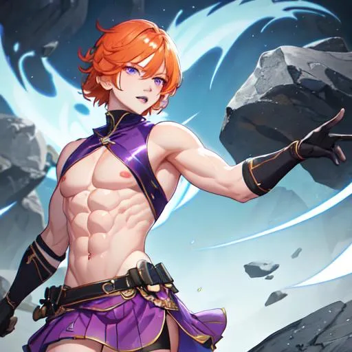 Prompt: Erikku male (short ginger hair, freckles, right eye blue left eye purple) muscular, UHD, 8K, Highly detailed, insane detail, best quality, high quality. wearing a skirt, wearing thigh highs