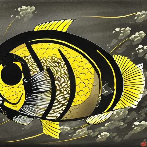Prompt: fish yellow and black painted in Japanese style