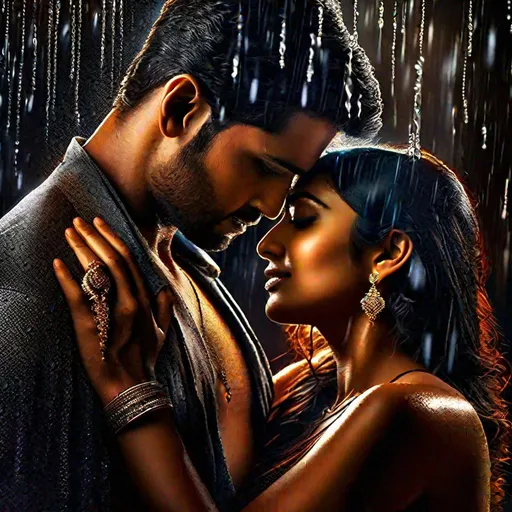 Prompt: Hyperrealistic hyperdetailed HDR photograph in dramatic lighting of couple, enacting a poster for movie 'Ashiqui 2', passionate embrace, like intimacy, bikini, bindi & mangalsutra, wet, focused on detailed facial expression 