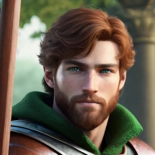 Prompt: Very Detailed Photo of a handsome young human male warrior, auburn hair and slight beard, no grey in beard, green eyes, with a medieval quarterstaff in left hand, looking at camera, UHD, 8K, realism, correct