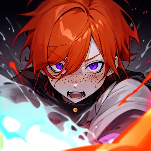 Prompt: Erikku male adult (short ginger hair, freckles, right eye blue left eye purple) UHD, 8K, Highly detailed, insane detail, best quality, high quality, 