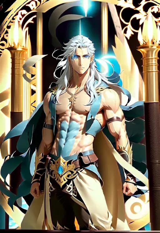 Prompt: Anime Nordic Victorian Odin, slim-muscular physique, blue and white color palette, fierce expression, striking blue eyes, flowing wind, gothic style, detailed armor, atmospheric lighting, intense gaze, high quality, detailed, anime, Nordic, Victorian, gothic, blue and white tones, wind effects, muscular build, autonomy body shape, fierce, professional, atmospheric lighting