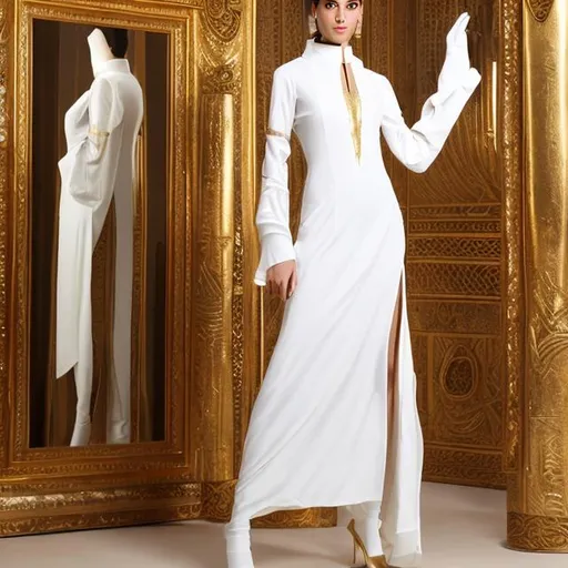 Prompt: Plain white pharaonic women's dress with long sleeves and golden cuffs, with a modern cut