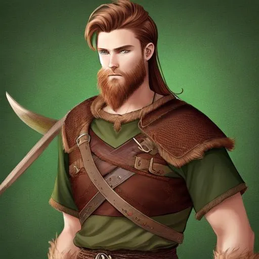 Prompt: digital art, viking man, 20 years old, brown hair, short hair, no facial hair, green eyes, green shirt, brown tunic, brown pants