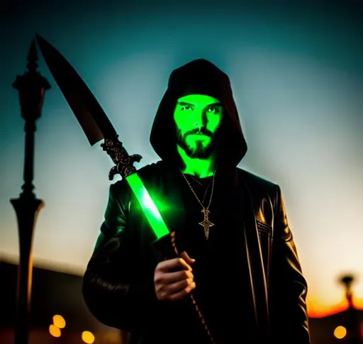 Prompt: Human Male, Holding a Dagger, Green Eyes, Evil, Shady, Cultist, Occult, Shadowed, Sinister, Midnight Lighting, Fantasy, Homeless, Grungy, Evil Smile