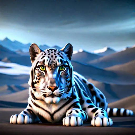Prompt: Create a dazzling image of a Kashmiri Snow Leopard in Unreal Engine 5, HDR, Octane 3D, UHD 256K, CryEngine, fit in frame, centered, highest quality of details, digital art masterpiece, perfect composition, clarity, harmony, hierarchy, proportions, order, anatomically correct {body, head, face, ears and limbs}, highly detailed facial features {muzzle, chin, jaws, dentition}, highly detailed symmetric eyes {iris, eyeball, pupil, lens and cornea}, intricately detailed background of beautiful Himalaya Mountains and dazzling Dal Lake of Sri Nagar.