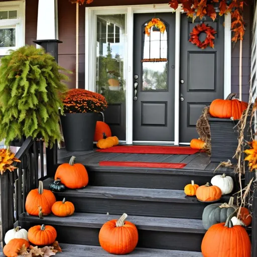 Prompt: Create a black and red fall themed porch 