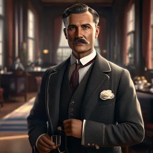 Prompt: An ultra realistic portrait of a 30ish tough looking butler in the 1920s, long shot super detailed lifelike illustration, action-adventure outfit, 

soft focus, clean art, professional, old style photo, CGI winning award, UHD, HDR, 8K, RPG, UHD render, HDR render, 3D render cinema 4D