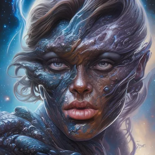 Prompt: hyper detailed full bodied galaxy goddess detailed face hyper realistic dark cinematic UHD style of boris vallejo