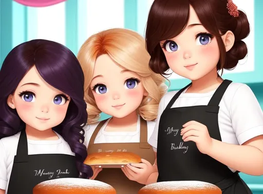 Prompt: ombre hair, busy time a the bakery, baking, 2 girls, apron, mole under eye, mole on body, indoors, ((full body)) {{good looking}} {{cute}} {{good body}} {{tight}}, symmetrically colored hair, {{shadows}},

