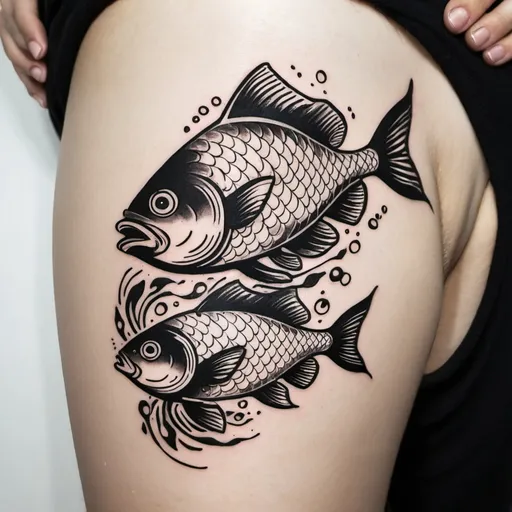 Prompt: a black and white tattoo of a school of fish. play with the shape of the fish