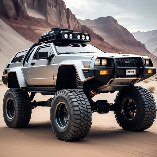 Prompt: a DMC/Jeep Diesel Truck that resembles a Delorean and Cybertruck that has big rough tires and focuses on off-roading