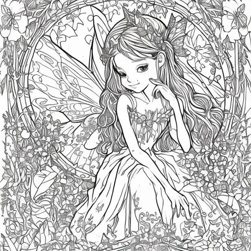 Prompt: coloring page, Bring a Fairy to life in an enchanted garden, with every detail ready to be colored, black lines white background--ar17:22