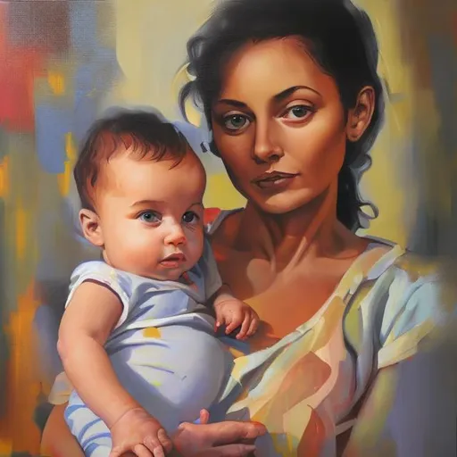 Prompt: woman and baby in oil paint