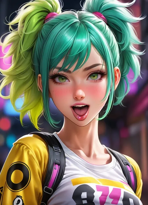 Prompt: college woman (18 years old), playfully poking tongue out between closed lips at someone, happy, teasing, dynamic poses, anime hot body language, waifu, fit figure, colorful punk outfit and hair, gorgeous face, anime style and super detailed renderings, kawaii, contour shadow 