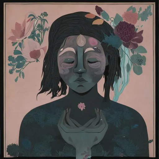Prompt: Portrait with obscure and indistinct shapes. The person’s face is covered out of flowers, making it difficult to distinguish whether it was a man or a woman. The person is crying is tears of azure and obsidian shades 
It is a front view and very colourful and in a gorgeous style