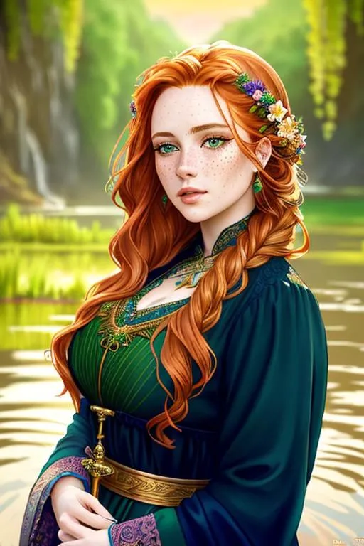 Prompt: Lady of the River, detailed Face, dynamic lighting,  golden hour, beautiful, colorful, landscape, hyperdetailed, Weeping willows, green grass, flowers, earth art, beautiful, detailed, colorful, golden hour, fantasy, matte background, #messy ginger hair, #freckles, #green eyes, #long intricate braids, #hourglass figure,  concept art, detailed painting, intricate, elegant, highly detailed, oil painting, #large chest, artstation, concept art, smooth, sharp focus, illustration, art by artgerm and greg rutkowski and alphonse mucha and william - adolphe bouguereau ,  artstation, concept art, smooth, sharp focus, illustration, art by artgerm and greg rutkowski and alphonse mucha and william - adolphe bouguereau,  UHD,  reflections, octane render, 8k, high quality photo realistic, hyper realism, Very detailed, zoomed out view of character, full body of character,  freckles, lord of the rings bandit, #long messy hair