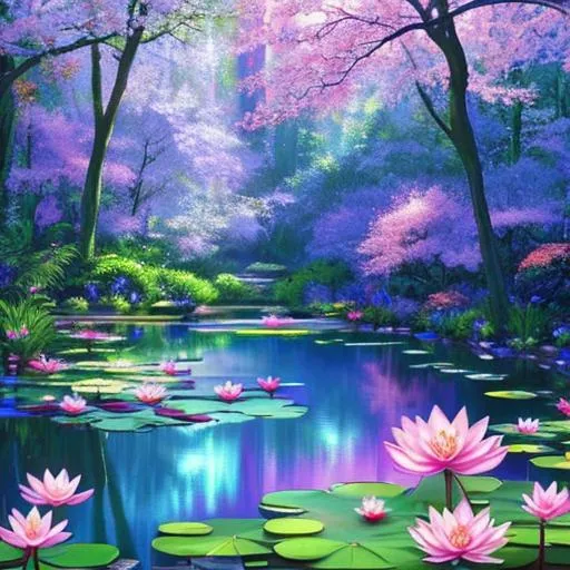 Prompt: Imagine a lush and magical oasis nestled in a mystical forest. The picture depicts a serene and captivating scene that transports viewers to a realm of enchantment and tranquility.

The foreground showcases a crystal-clear pond with water so pure it shimmers with a faint iridescent glow. Delicate water lilies adorn the surface, their vibrant petals displaying an array of colors, from soft pastels to bold hues. Dragonflies flit above the water, their iridescent wings catching the sunlight and casting shimmering reflections on the pond's surface.

Surrounding the pond are towering trees, their branches intertwining to create a natural canopy overhead. The trees are adorned with bioluminescent moss and glow softly, casting a gentle light over the entire scene. Vibrant flowers and vines cascade down the trunks, adding bursts of color and texture to the picture.

As the eye travels further into the picture, it encounters a majestic waterfall cascading down from a moss-covered cliff. The waterfall's crystal-clear water sparkles as it tumbles into a pool below, creating a mesmerizing display. The mist from the waterfall creates an ethereal atmosphere, diffusing the sunlight and casting rainbows across the scene.

Butterflies dance gracefully in the air, their wings showcasing a symphony of patterns and colors. They flutter around the flowers, adding a sense of movement and life to the picture. Soft rays of sunlight pierce through gaps in the foliage, illuminating patches of the forest floor and highlighting delicate ferns and moss.

To complete the scene, a sense of tranquility and harmony permeates the air. The picture exudes a peaceful and rejuvenating ambiance, inviting viewers to immerse themselves in the enchanting oasis and experience a moment of serenity.

The "Enchanted Oasis" picture design captures the beauty of nature, magic, and tranquility, creating a captivating and serene scene that transports viewers to a realm of wonder and relaxation.