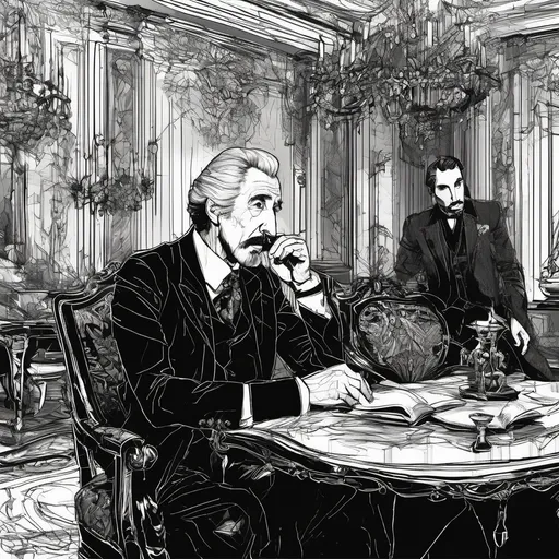 Prompt: (Christopher Lee talking to Vincent Price), Black and White pen and ink sketch style, dark color scheme, elegantly gothic attire, intricate details, dim lighting, dramatic shadows, opulent background, luxurious textures, ornate furniture, deep reds and blacks, baroque patterns, solemn atmosphere, rich color tones, dark romanticism, ultra-detailed, 4K, photorealistic masterpiece, timeless elegance.