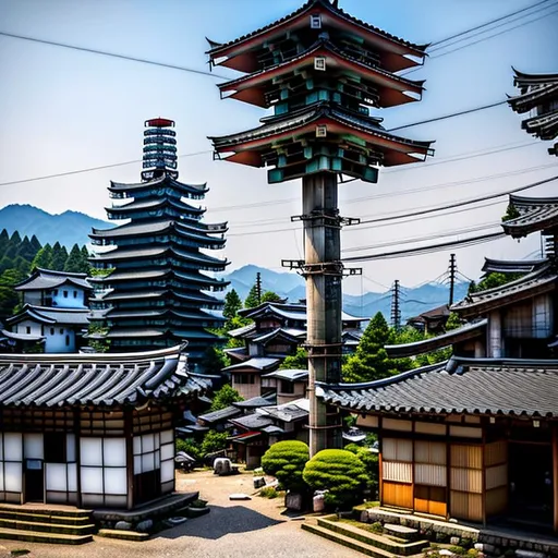 Prompt: In a rustic Japanese town, a pagoda is obviously a disguised cellphone tower. Its roof corners and eaves are adorned with abundant telecommunications equipment. While camouflaged, the tower still retains its identity as a cellphone tower. Carefully placed antennae and satellite dishes can be found on its rooftop. The camera, attuned to capturing this intriguing sight, employs a wide-angle lens to encompass the tower and its surroundings. Inspired by the works of contemporary photographers like Fan Ho and Edward Burtynsky, this image showcases the art of blending technology with cultural heritage.