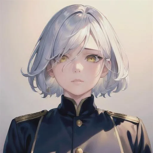 Prompt: (masterpiece, illustration, best quality:1.2), portrait, tired expression, mature look, death stare, eye bags under eyes, short pixels white hair, yellow eyes, wearing soldier's black uniform, best quality face, best quality, best quality skin, best quality eyes, best quality lips, ultra-detailed eyes, ultra-detailed hair, ultra-detailed, illustration, colorful, soft glow, 1 girl