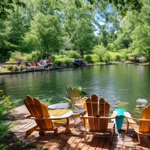 Prompt: a beautiful backyard by a river with a kayak and paddle board and Adirondack chairs