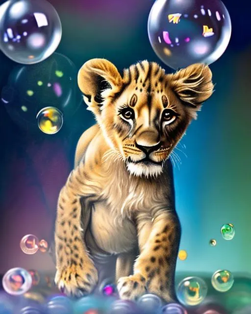 Prompt: A playful lion cub tumbles through a cloud of soap bubbles, its little paws batting at the iridescent orbs floating through the air