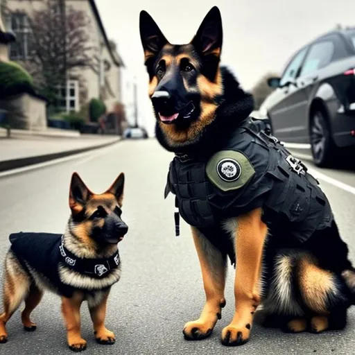 Prompt: A German Shepherd wearing spy gear, spy gear, blur the background, a fancy black car in the midground behind the dog, have a gun attached to the side of the dogs vest