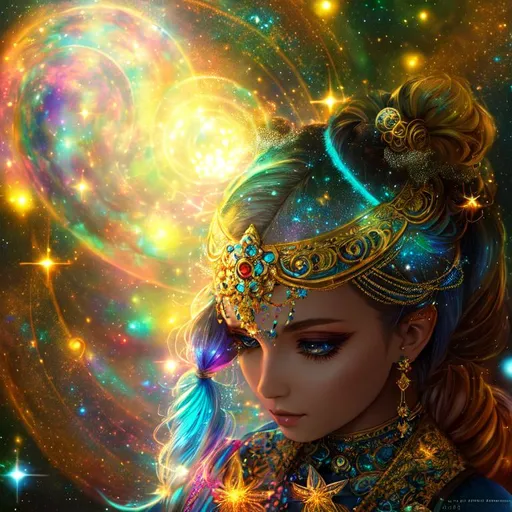 Prompt: hyperdetailed intricate elaborate beautiful girl, with long blue braided pigtails,

hyperdetailed clothes,

cosmic mist, star dust,

cinematic lighting,  colorful glamorous lighting, colorful particles, misty,

album cover art, 128K resolution,