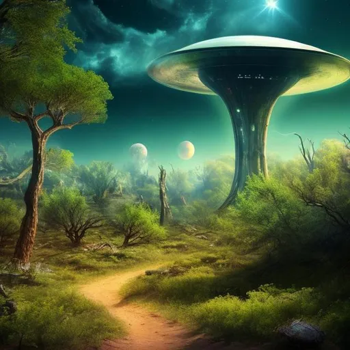 Prompt: A crashed UFO into the earth. Post-apocalyptic forest, lush green. Joyful, surreal, sharp focus, UHD, 8k.