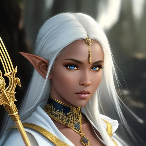 Prompt: UHD, hd , 8k,  oil painting, hyper realism, fantasy, forgotten realmss Very detailed, character zoomed out view, face is visible , full body of character in view, black skin, elf female warrior with white hair whos flesh is  rotting , , she wears a white robe with golden filigree, she holds a single golden staff , 