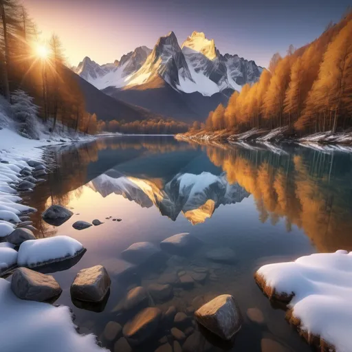 Prompt: Crie uma imagem ultra realista de uma paisagem montanhosa ao amanhecer, com picos cobertos de neve refletindo a luz dourada do sol nascente. Inclui um lago cristalino no primeiro plano, perfeitamente espelhando as montanhas e o colorido com tons vibrantes de laranja, rosa e azul. Adicione detalhes como árvores verdesjantes nas margens do lago e nuvens suaves flutuando no céu, criando uma sensação de tranquilidade e maravilha. Uma imagem deve ser rica em texturas e núcleos, ideal para atrair e inspirar o público no Instagram