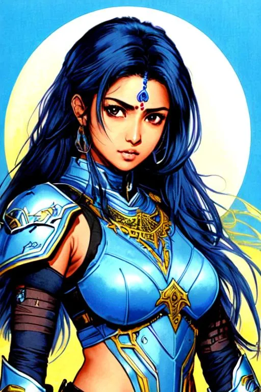 Prompt: (((Yoji Shinkawa))), sticker of ultra detailed portrait of Sadaf Mohammed Sayed  (Indian actress who mainly appears in Telugu, Tamil, and Kannada films)in blue holy armor, blue long hair, high quality cell shaded illustration in post apocalyptic style by Yoji Shinkawa, ((full body portrait)), dynamic pose, perfect anatomy, centered, freedom, soul, blue long hair, approach to perfection, cell shading, 4k , cinematic dramatic atmosphere, watercolor painting, global illumination, detailed and intricate environment, artstation, concept art, fluid and sharp focus, volumetric lighting, cinematic lighting, Art by Yoji Shinkawa,