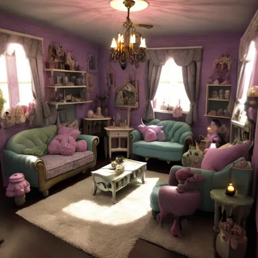 Prompt: Dollhouse living room in the style of Tim Burton 