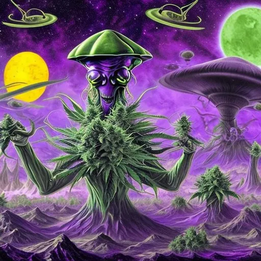 Prompt: Cannabis aliens taking over a purple planet high detail reality spaceships fire smoke 