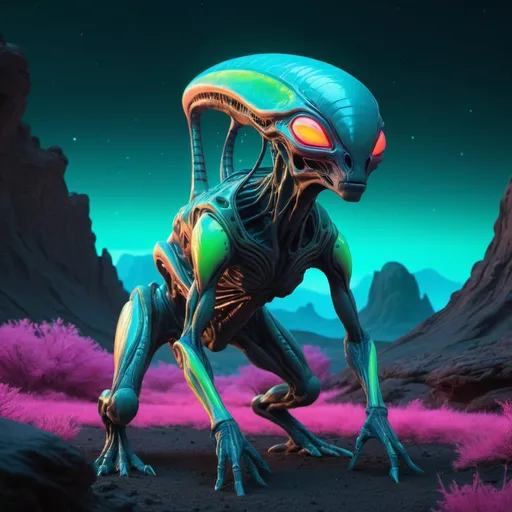 Prompt: High-resolution, detailed alien creature, otherworldly materials, surreal landscape, sci-fi, vibrant colors, phosphorescent lighting