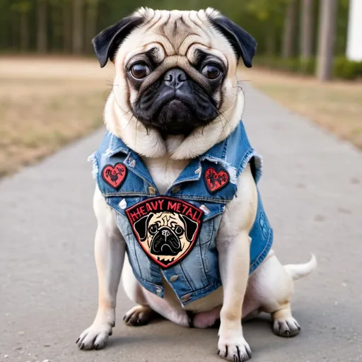 Prompt: pug wearing a heavy metal music denim vest with patches