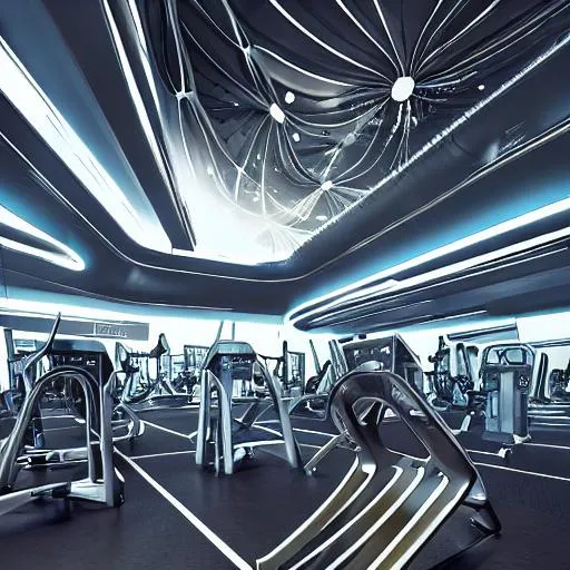 Prompt: award winning photo of a gym,  futuristic, extremely detailed, hyperrealism, hyper maximalism, trending on flikr, adobe, Canon, Nikon