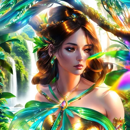 Prompt: full-body shot, Cinematic, colorful, Glamor, Shimmer, 3D HD Heroic Tropical and silk (Beautiful detailed face{Goddess}female with brown hair wearing transparent bikini), Morning, hyper realistic, 8K expansive Magical Waterfall background --s99500