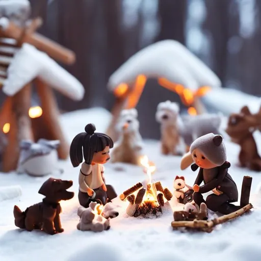 Prompt: tiny friends and a dog making smores at tiny wooden campfire string lights at night in the snow
