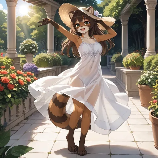 Prompt: ultra-detailed, best_quality, alluring raccoon girl furry, dancing in her garden,  wearing translucent sun dress